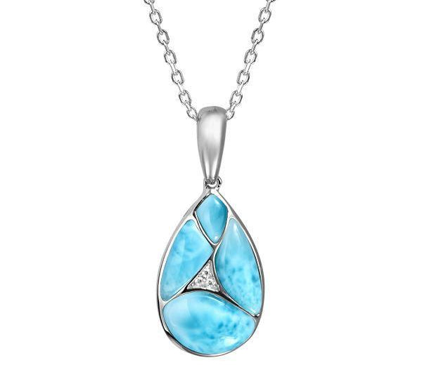 The picture shows a 925 sterling silver larimar pieces of love teardrop pendant with cubic zirconia.