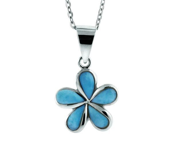In this photo there is a small sterling silver plumeria pendant with blue larimar gemstones.