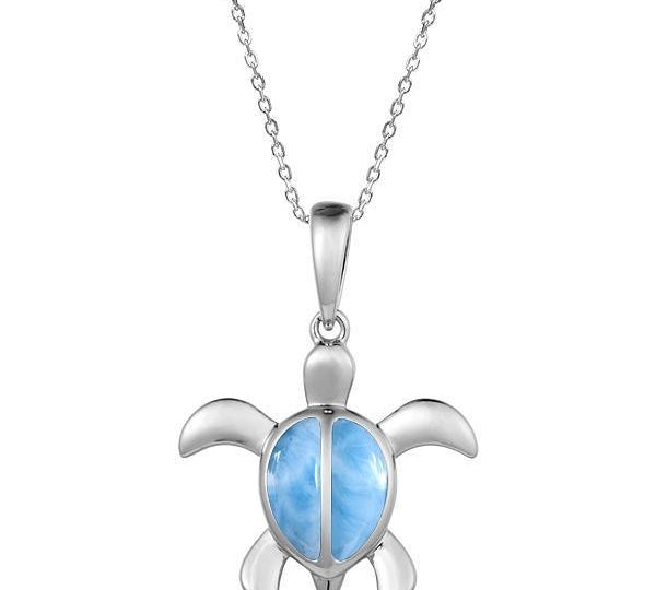 The picture shows a 925 sterling silver larimar sea turtle pendant.