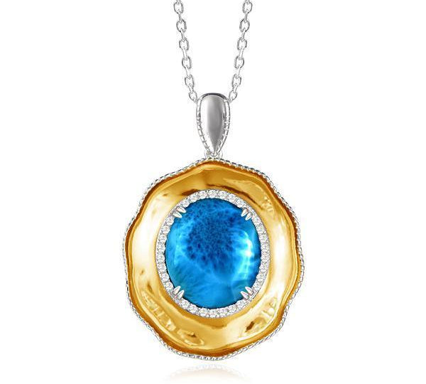 The picture shows a 925 sterling silver larimar and topaz royal sun pendant.