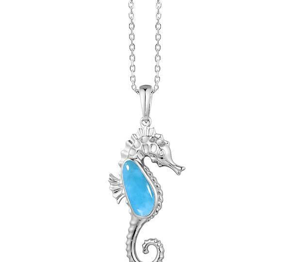The picture shows a 925 sterling silver larimar seahorse pendant.