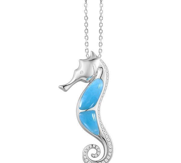 The picture shows a 925 sterling silver larimar seahorse pendant.