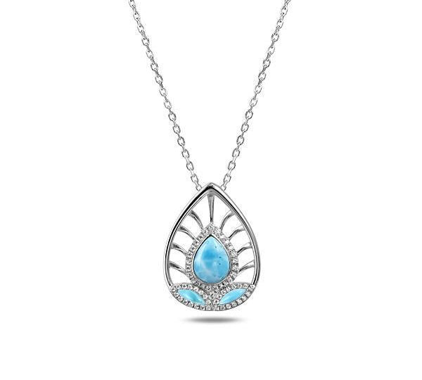 The picture shows a 925 sterling silver larimar shrine pendant with cubic zirconia.