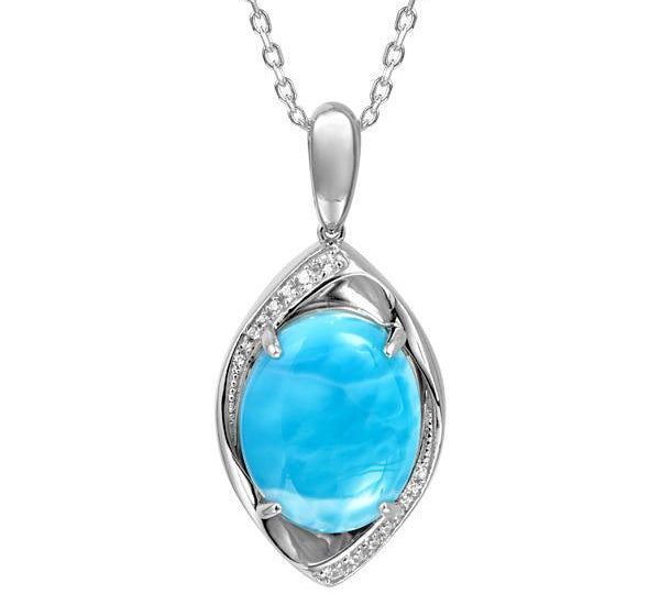 The picture shows a 925 sterling silver larimar sparkling eye pendant.