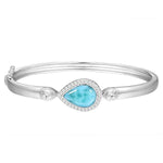 The picture shows a 925 sterling silver larimar teardrop bangle with topaz.