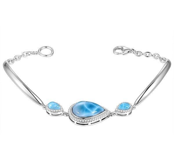 The picture shows a 925 sterling silver three larimar teardrop bracelet.