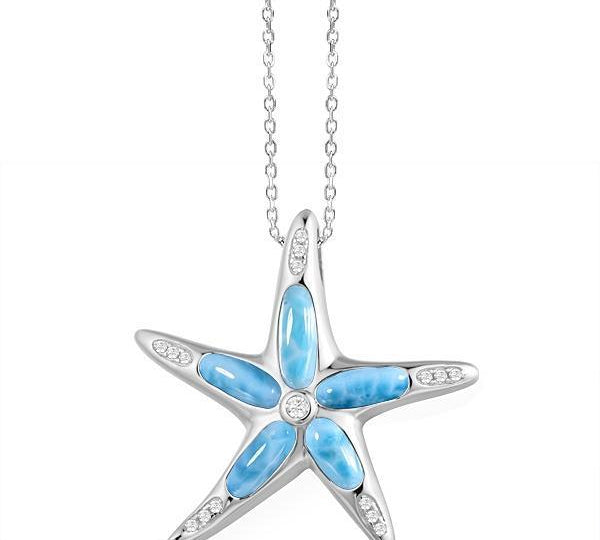 The picture shows a 925 sterling silver larimar sea star pendant with topaz.