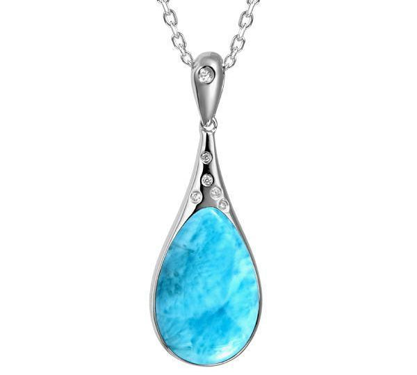 The picture shows a 925 sterling silver larimar starry sky teardrop pendant with cubic zirconia.