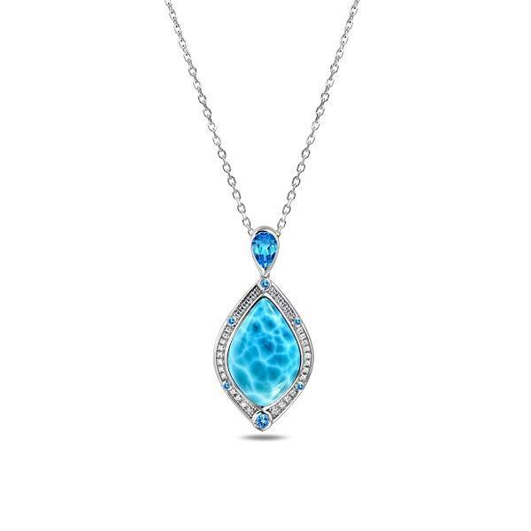 The picture shows a 925 sterling silver larimar stars slign mandorla pendant.