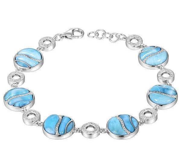 The picture shows a 925 sterling silver larimar striped circle bracelet with topaz.