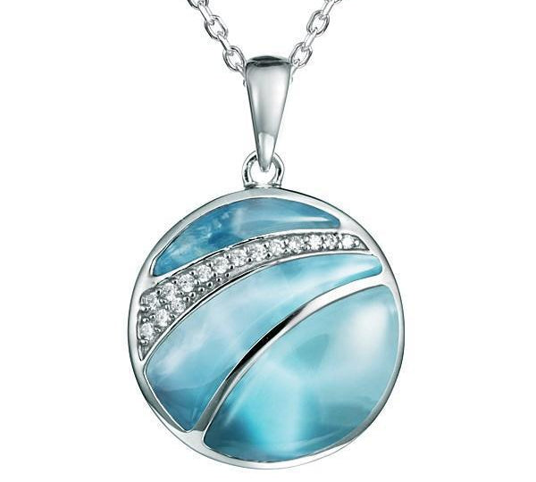 The picture shows a 925 sterling silver larimar striped circle pendant with topaz.