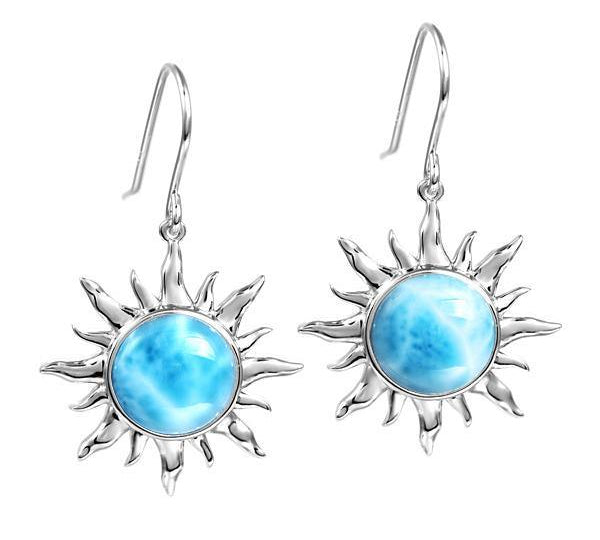 In this photo there is a pair of 925 sterling silver sun hook earrings with blue larimar gemstones.