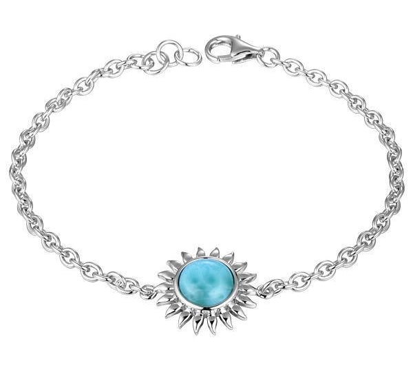 In this photo there is a 925 sterling silver sunflower bracelet with one larimar gemstone.