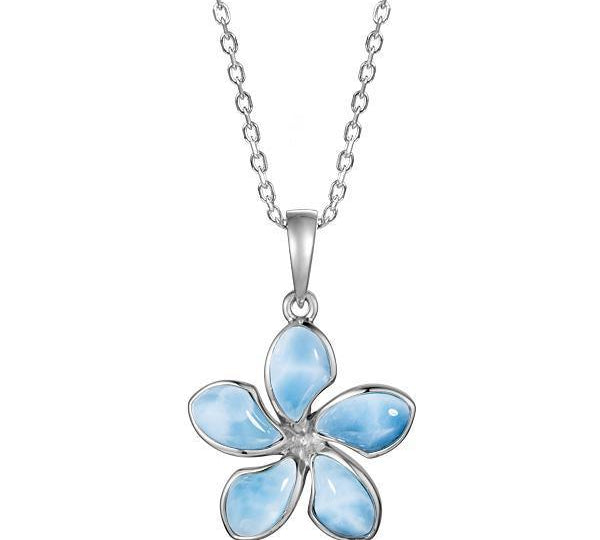 In this photo there is a sterling silver plumeria pendant with blue larimar gemstones.