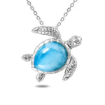 The picture shows a 925 sterling silver larimar swimming sea turtle pendant.