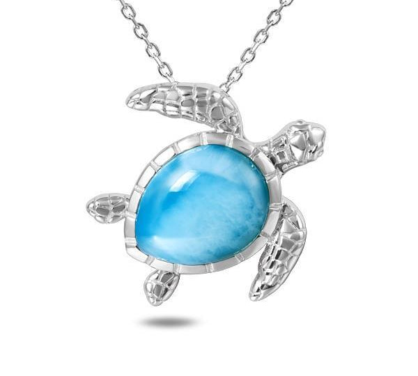 The picture shows a 925 sterling silver larimar swimming sea turtle pendant.