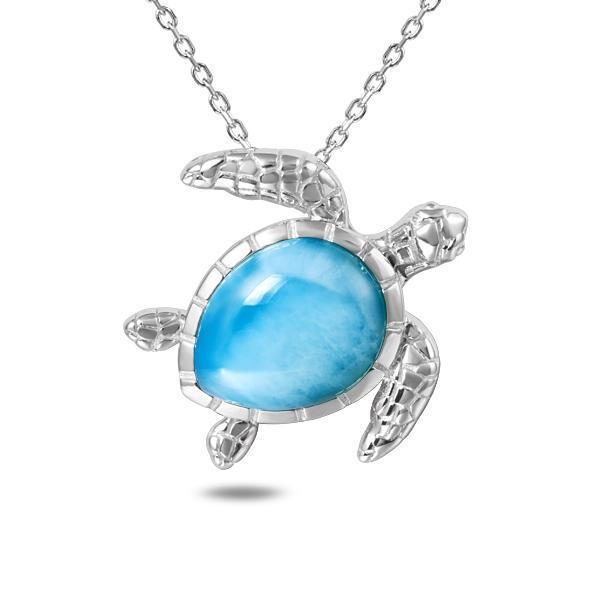 The picture shows a 925 sterling silver larimar swimming sea turtle pendant.