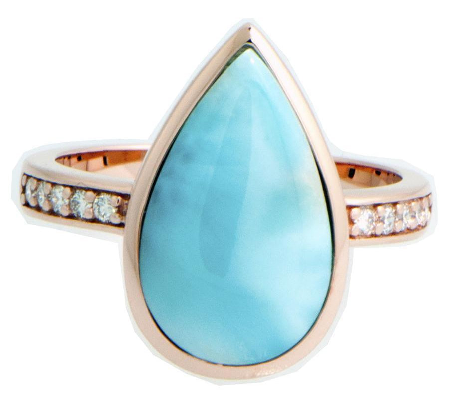 This picture shows a 14K rose gold larimar teardrop ring with a diamond band.