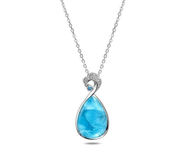 The picture shows a 925 sterling silver larimar teardrop wave pendant with aquamarine and topaz.