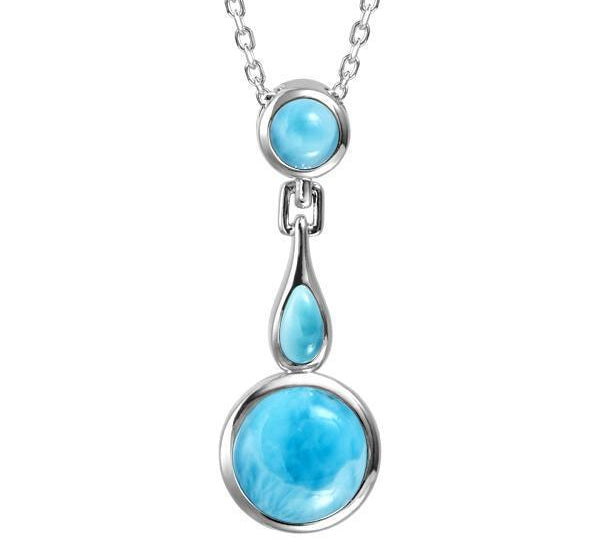 The picture shows a 925 sterling silver larimar pendant featuring two circles and a teardrop in the center.