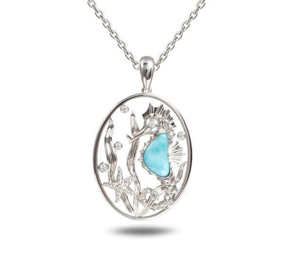 The picture shows a 925 sterling silver pendant with a seahorse, starfish, and seaweed including a larimar gemstone and cubic zirconia.