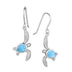 The picture shows a pair of 925 sterling silver larimar sea turtle hook earrings.