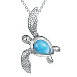 The picture shows a 925 sterling silver larimar sea turtle pendant.