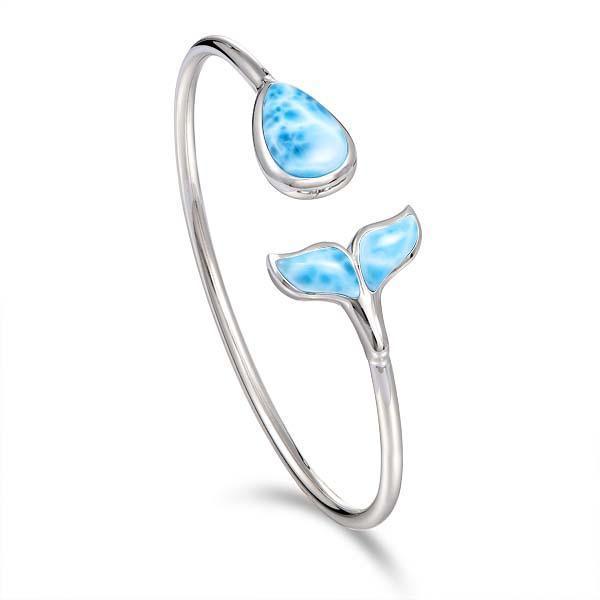 The picture shows a 925 sterling silver larimar whale tail and teardrop bangle.