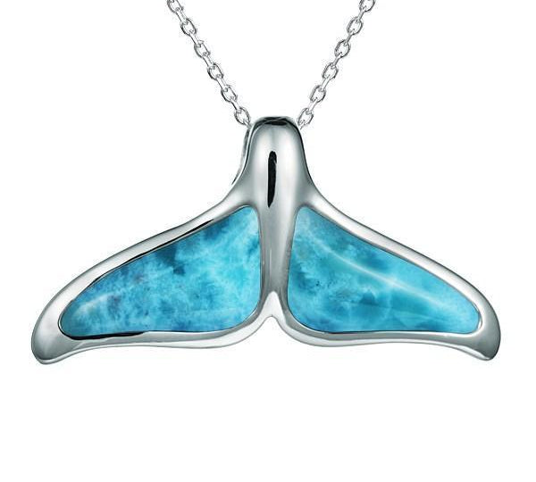 The picture shows a large 925 sterling silver larimar whale tail pendant.