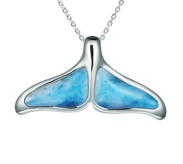 The picture shows a medium 925 sterling silver larimar whale tail pendant.