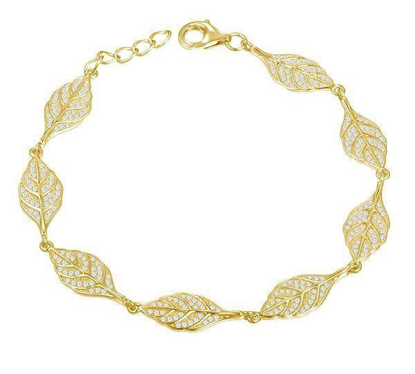 In this photo there is a yellow gold plated maile leaf bracelet with cubic zirconia.