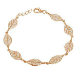 In this photo there is a rose gold plated maile leaf bracelet with cubic zirconia.