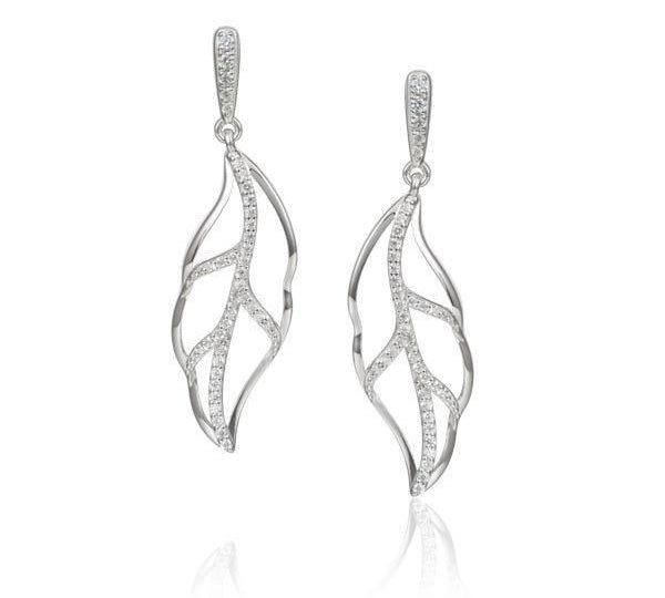 In this photo there is a pair of 925 sterling silver maile leaf earrings with topaz gemstones.