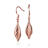 The picture shows a pair of 14K rose gold maile leaf hook earrings.