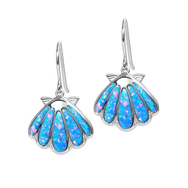 The picture shows a pair of 925 sterling silver opalite oyster shell hook earrings with topaz