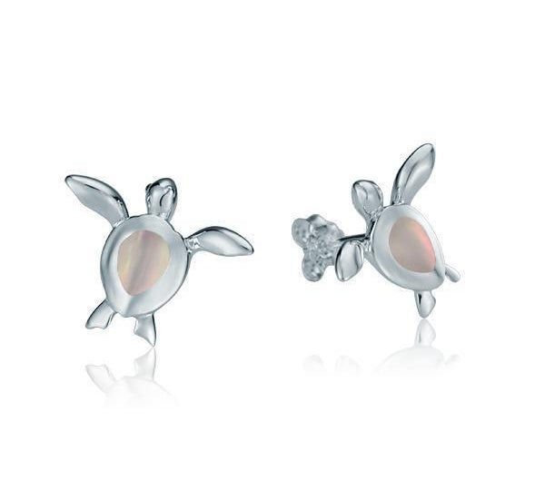Sterling silver sea turtle stud earrings with white mother of pearl.