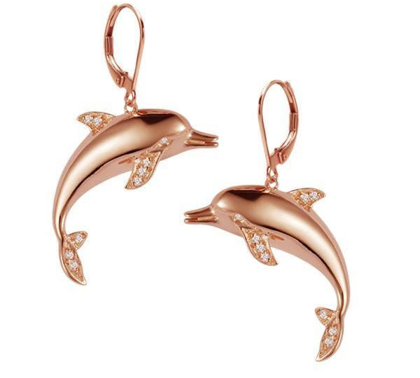 dolphin lever back earrings with diamonds set in 14k solid rose gold
