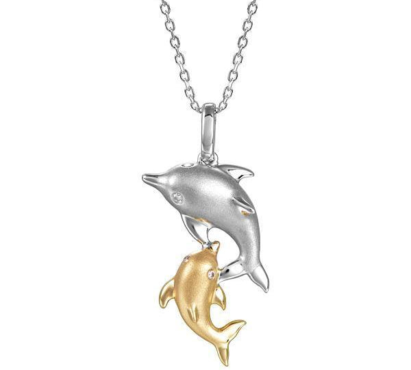 The picture shows a 14K white and yellow gold two dolphin pendant.