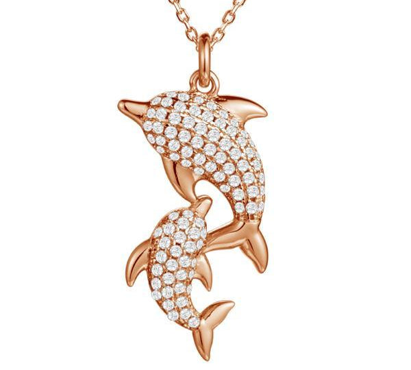 The picture shows a 14K rose gold dolphin lovers pendant with diamonds pendant.