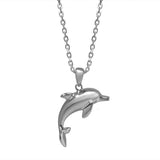 The picture shows a 14K white gold dolphin necklace with one eye diamond.