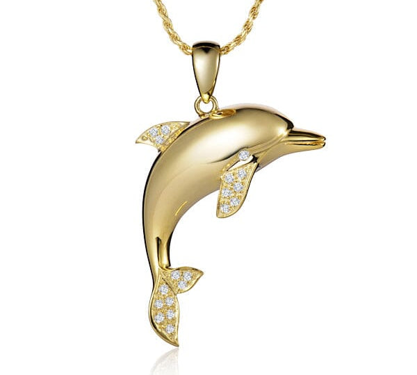 large dolphin pendant with diamonds set in solid 14K yellow gold