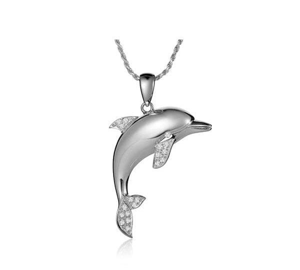 medium dolphin pendant with diamonds set in 14k solid white gold