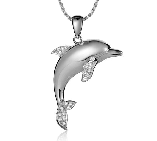 large dolphin pendant with diamonds set in 14k solid white gold