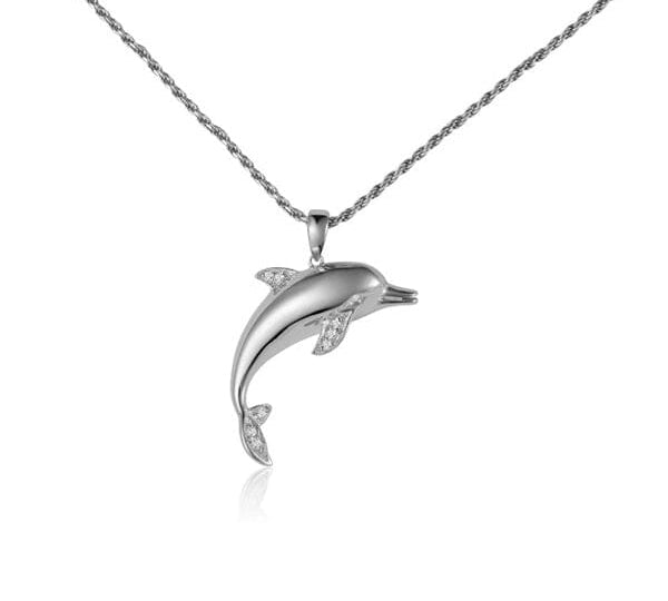 small dolphin pendant with diamonds set in 14k solid white gold