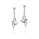 The picture shows a 925 sterling silver dolphin earrings through a circle with cubic zirconia.