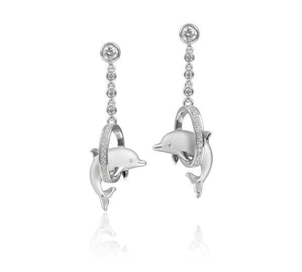 The picture shows a 925 sterling silver dolphin earrings through a circle with cubic zirconia.