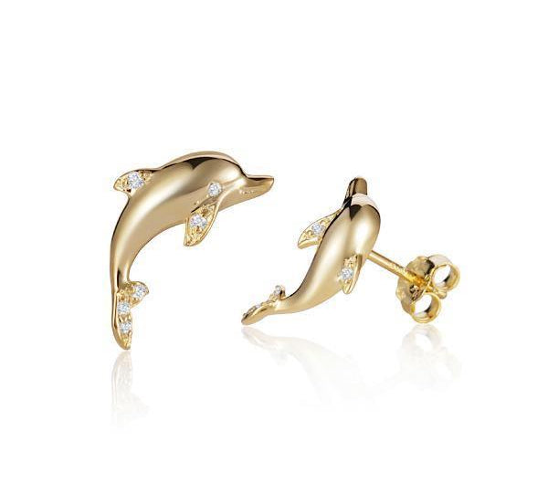 dolphin stud earrings with diamonds set in 14k solid yellow gold