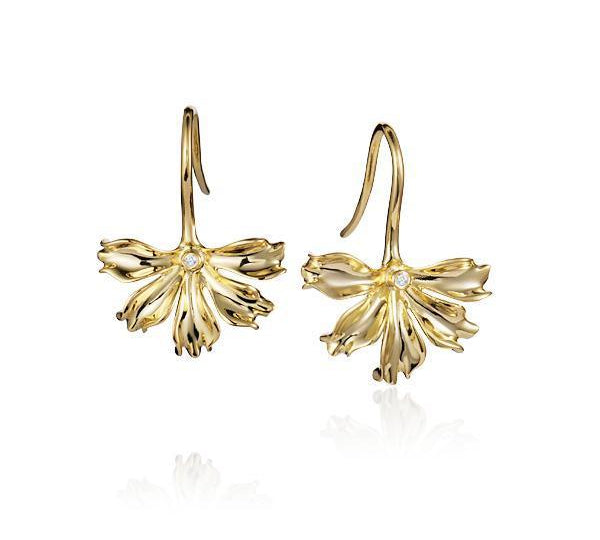 The picture shows a pair of 14K yellow gold naupaka flower hook earrings.