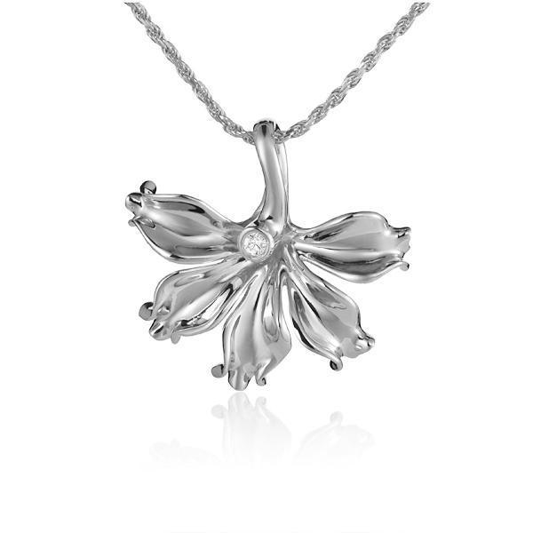 In this photo there is a white gold naupaka flower pendant with one diamond.