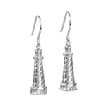 In this photo there is a pair of sterling silver lighthouse hook earrings.